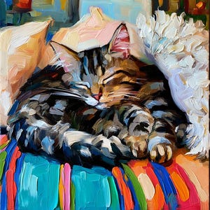 May include: An oil painting of a brown tabby cat curled up asleep on a vibrant, multi-coloured striped surface. The cat is nestled between soft, textured peach and white pillows, rendered with thick, visible brushstrokes and rich colour.