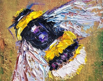 Bumble Bee Oil Painting Impasto Original Art Gold & Honey Bee Decor Small Insect Gift