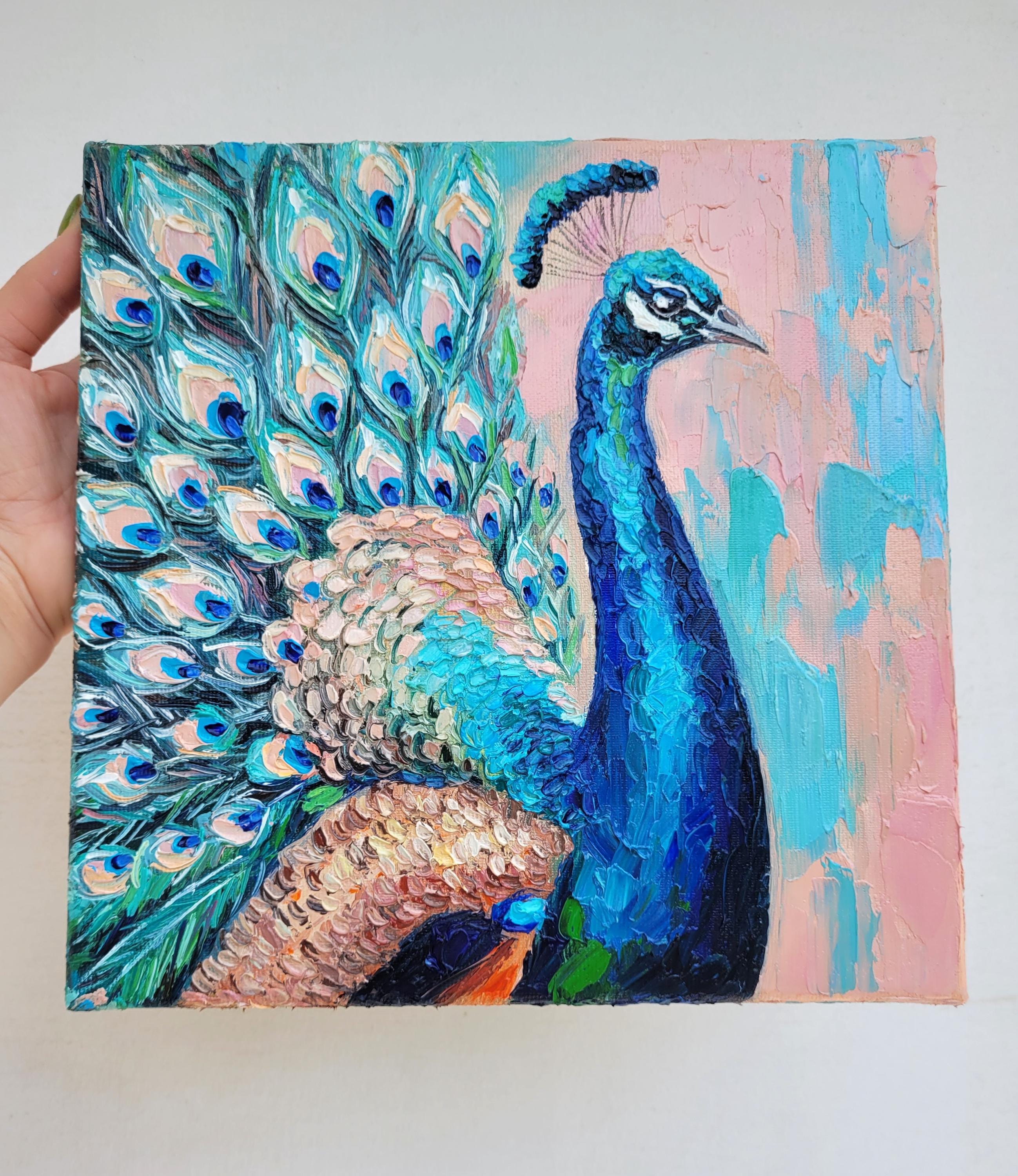 キャンバスに描かれた孔雀の油絵：オリジナルのエキゾチックな鳥の