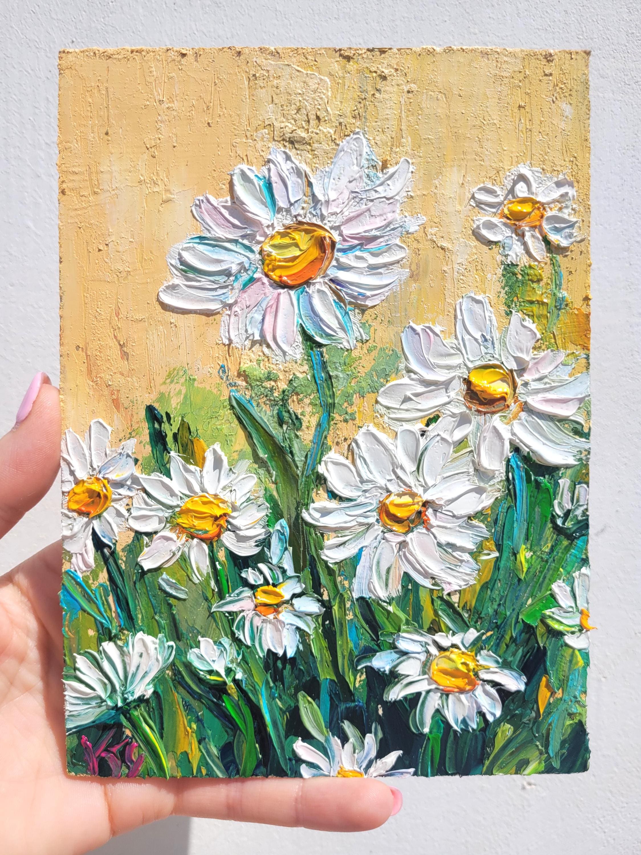 Daisy Impasto Oil Painting: Meadow Landscape Art Original Abstract