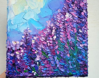 Lavender Field Oil Painting on Canvas: Original Art Floral Meadow Impasto Artwork