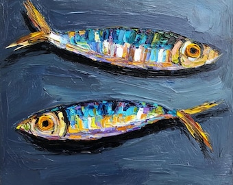 Sardine Painting Fish Original Oil Art Impasto Coastal Kitchen Wall Decor Seafood Still Life