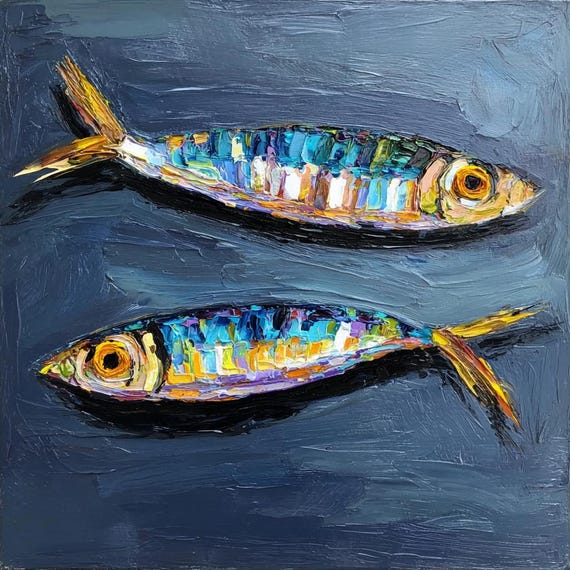 Sardine Painting Fish Original Oil Art Impasto Coastal Kitchen Wall Decor Seafood Still Life