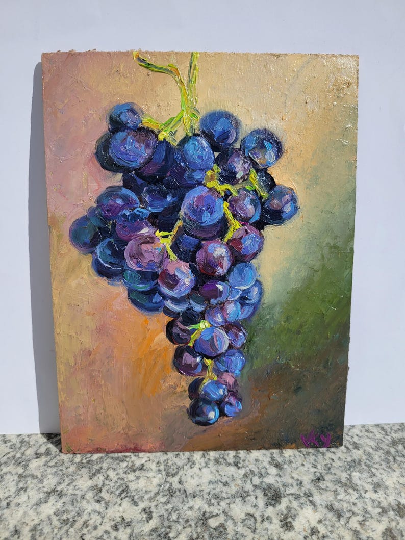 Oil painting of a bunch of grapes. The grapes are a deep purple color, with highlights of blue and pink. The background is a blend of orange, green, and brown hues, creating a warm and inviting feel. The painting is on a rectangular panel.