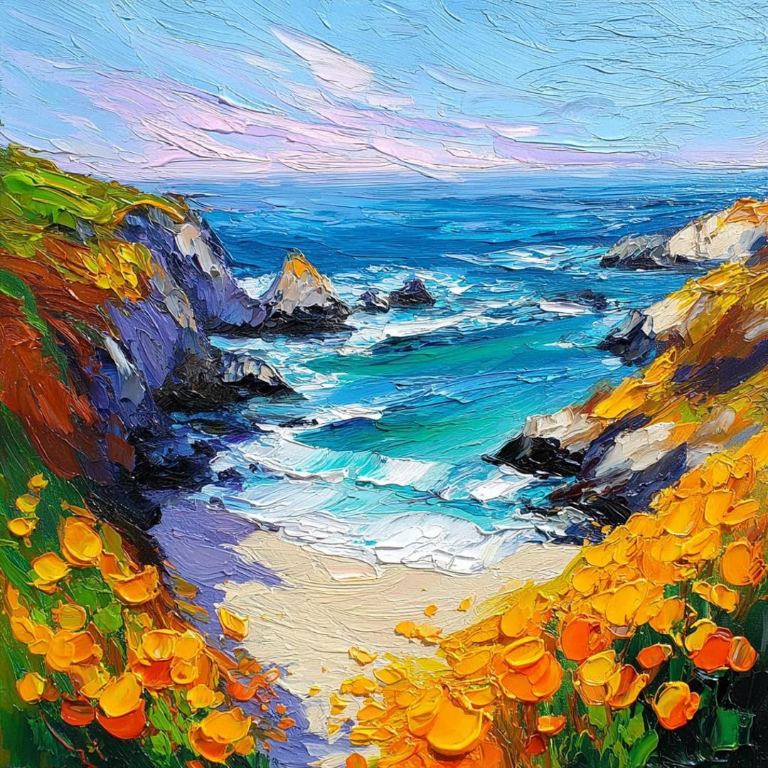 San Diego Coastal Oil Painting Original California Poppy Impasto Art ...