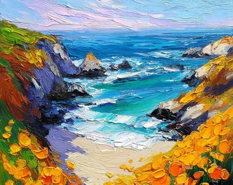 Dipinto ad olio originale sulla costa di San Diego, papavero della California, impasto artistico, vista sull'oceano, fiore selvatico della California meridionale