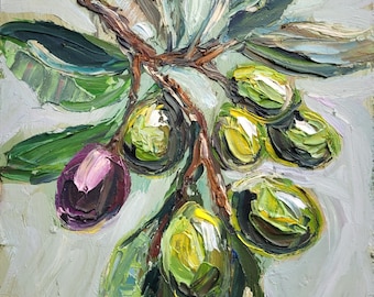 Olive Branch Oil Painting Original Art Impasto Kitchen Wall Decor Rustic Farmhouse Style