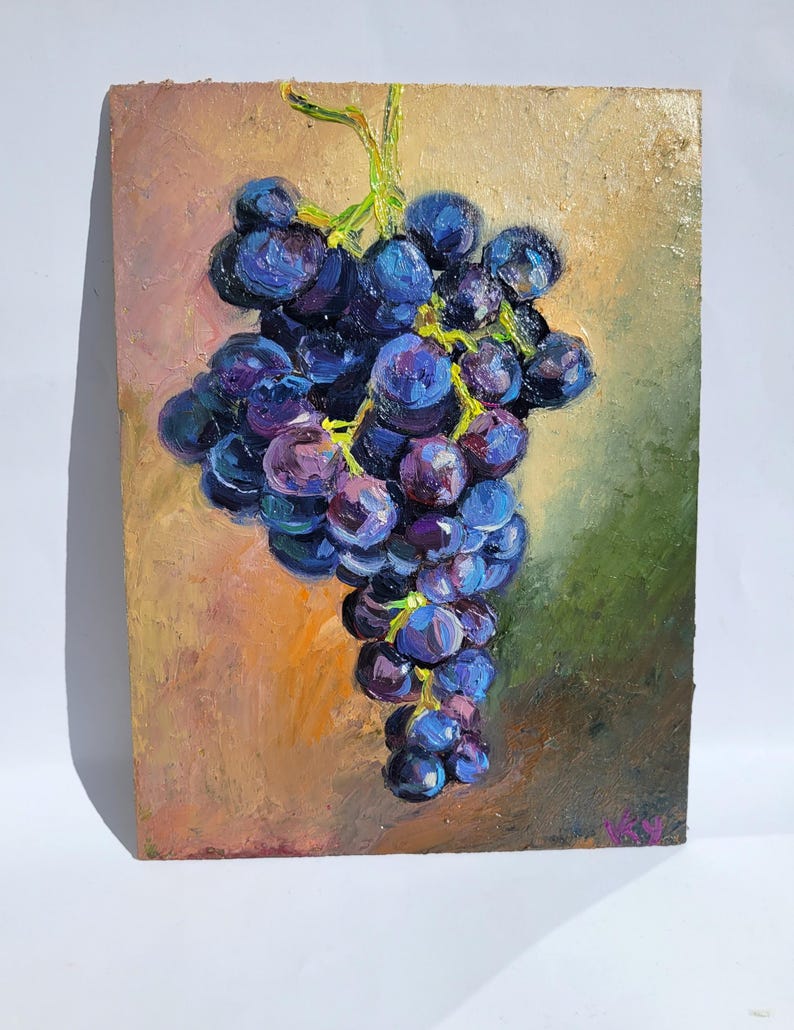 May include: Oil painting of a bunch of grapes. The grapes are a deep blue-purple color, with highlights of lighter purple. The background is a blend of green, brown, and orange hues, creating a warm and inviting atmosphere. The painting is on a rectangular panel.