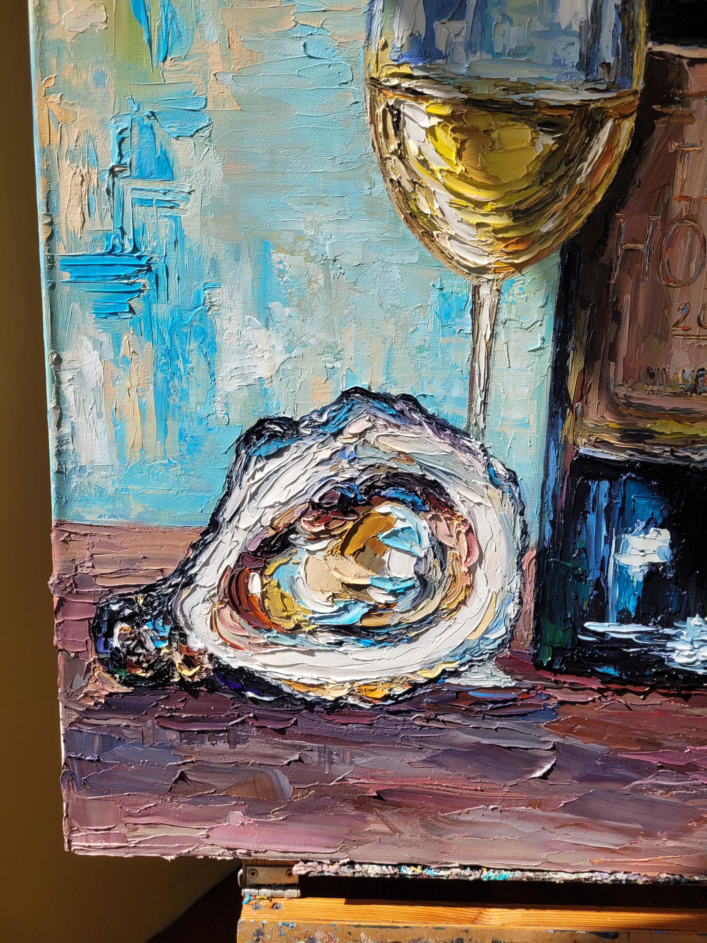 牡蠣とワインの静物画：キャンバスに油彩で描かれたオリジナル作品