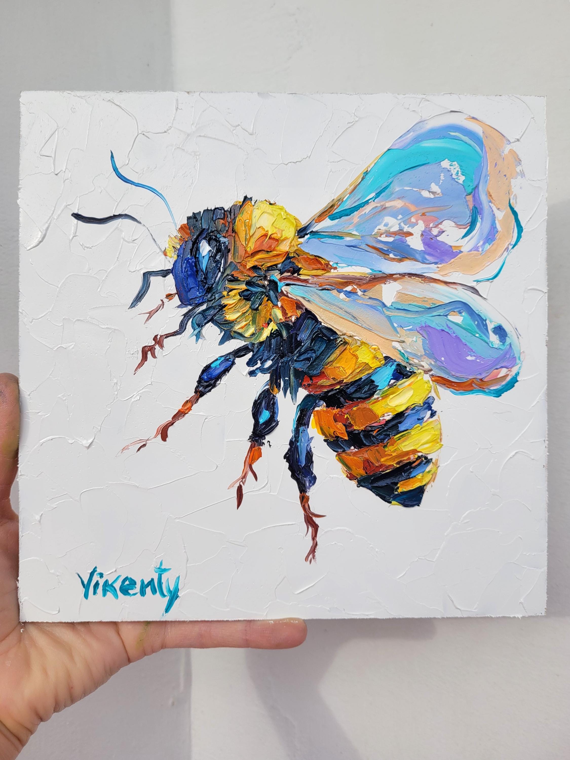 油絵◆半立体の円型アート【蜂】壁掛け油絵◆作者サイン入り ミツバチの油絵：インパスト昆虫アート マルハナバチのオリジナル