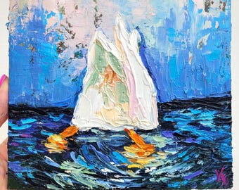 Peinture à l'huile originale représentant un canard rigolo, œuvre en impasto, décoration murale nature avec un oiseau et un lac.