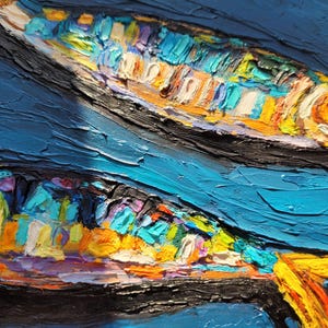 May include: An oil painting on canvas featuring two fish forms rendered with thick, impasto brushstrokes. The fish display a vibrant palette of yellow, orange, turquoise, and purple against a deep blue background, creating a textured surface.