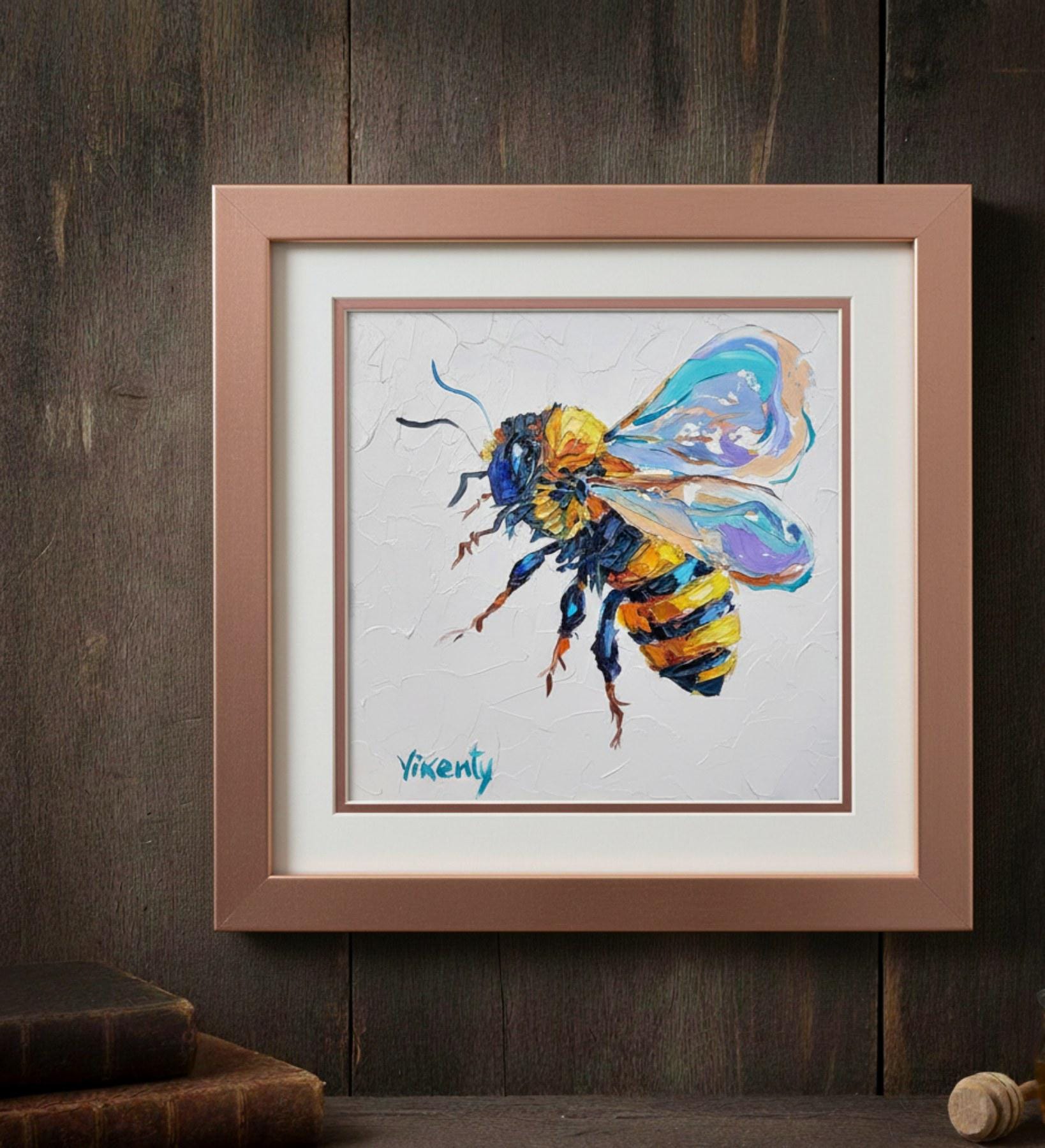 ミツバチの油絵、インパスト、オリジナルアート、昆虫アートワーク