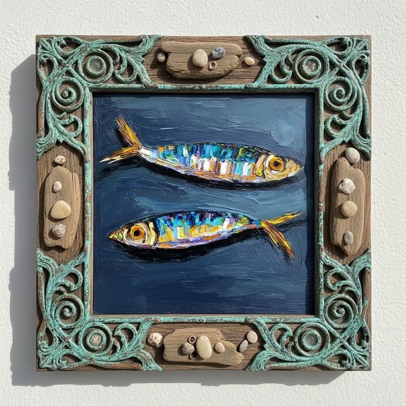 A square, framed painting of two fish. The fish are painted with bright colors, including yellow, blue, and white, against a dark blue background. The frame is ornate, with a teal finish and decorative elements.