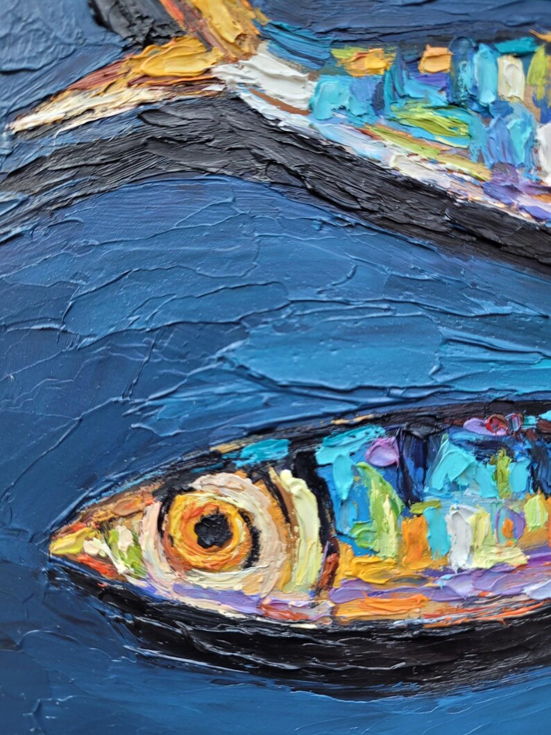 Sardine Painting Fish Original Oil Art Impasto Coastal Kitchen Wall Decor Seafood Still Life image 13