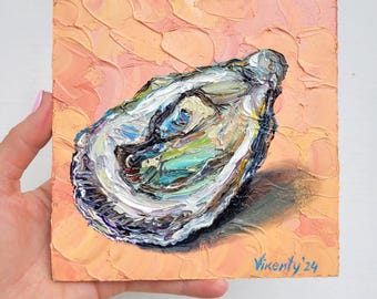 Pintura al óleo original de ostras, decoración de casa de playa, mariscos, bodegón, arte de cocina costera