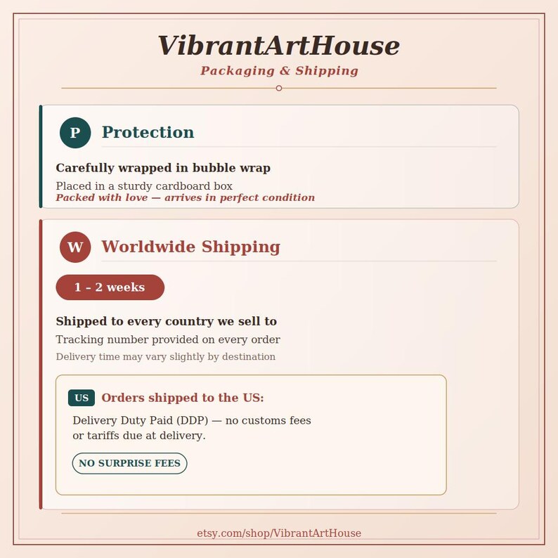 May include: An informational graphic for VibrantArtHouse detailing packaging and shipping policies. It features sections for Protection, including bubble wrap and cardboard boxes, and Worldwide Shipping, noting delivery times and US customs duty paid.