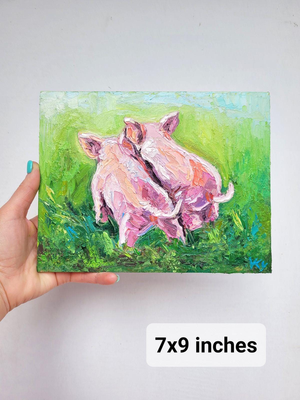 子豚の油絵 インパスト オリジナル動物アート 友情 農場の動物 豚の
