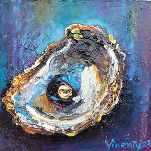 Seashell Pearl Painting Kitchen Wall Art Original Impasto Oil Painting Sea Shell Art Coastal Art Seafood Food Still Life by VibrantArtHouse