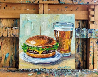 メアリーバーガー 絵画 インテリア ハンバーガーとビールの油絵オリジナルアートファーストフード