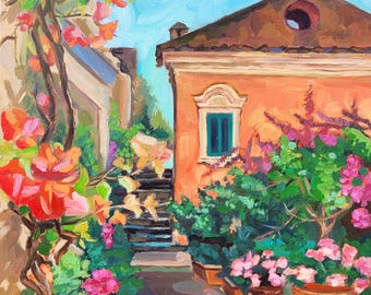 Amalfi Coast Oil Painting Original Impasto Italian Villa Cityscape Landscape Positano Flowers Wall Art