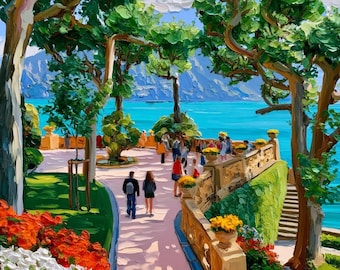 Lake Como Italy Oil Painting Original Art, Villa del Balbianello Garden Terrace Impasto Landscape