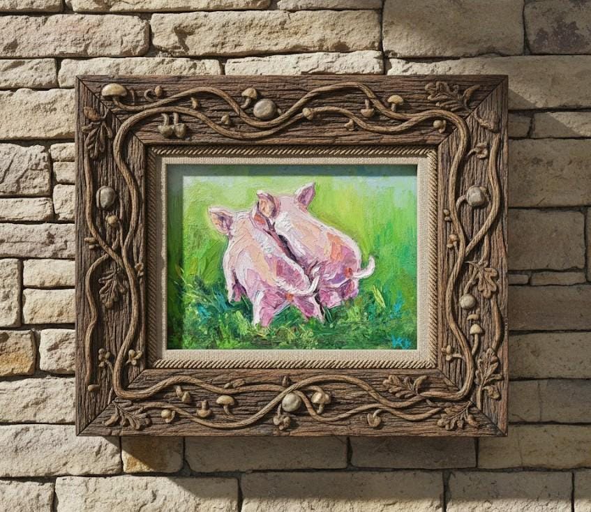 子豚の油絵 インパスト オリジナル動物アート 友情 農場の動物 豚の