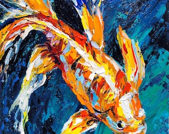 Dipinto originale a olio impasto raffigurante una carpa koi dorata, 6x6 cm, arte da parete in stile Feng Shui.