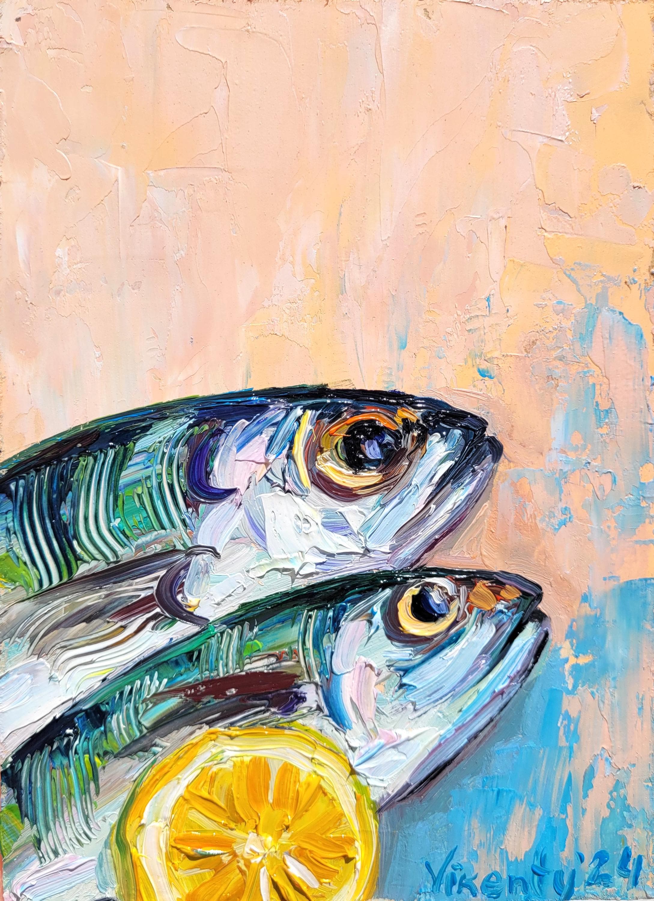 イワシの油絵 オリジナル魚アート インパスト レモン フードアート 