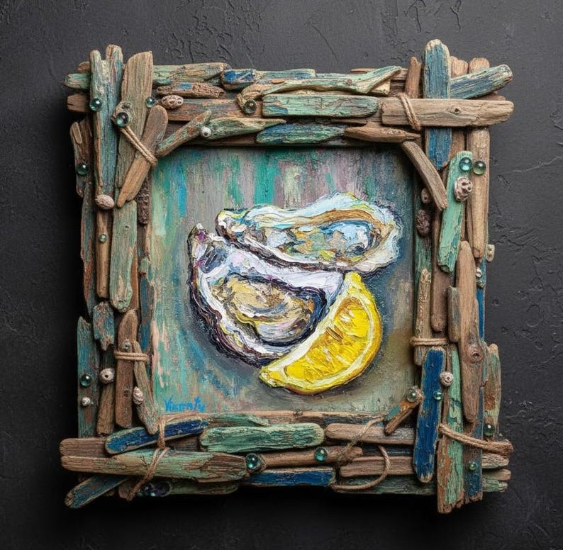 May include: A framed painting of oysters and a lemon slice. The artwork features a textured, colorful depiction of the seafood on a teal and blue background. The frame is made of weathered wood pieces.