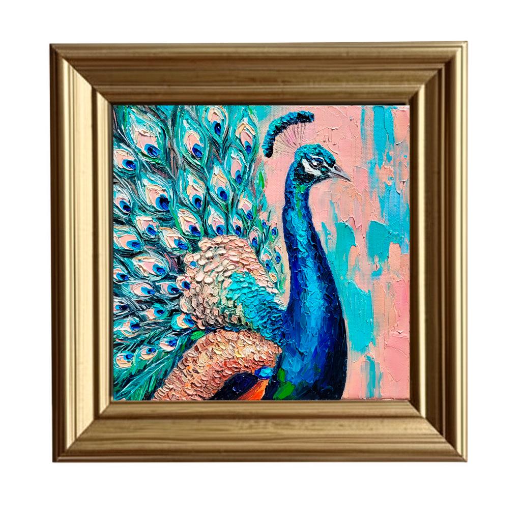 キャンバスに描かれた孔雀の油絵：オリジナルのエキゾチックな鳥の