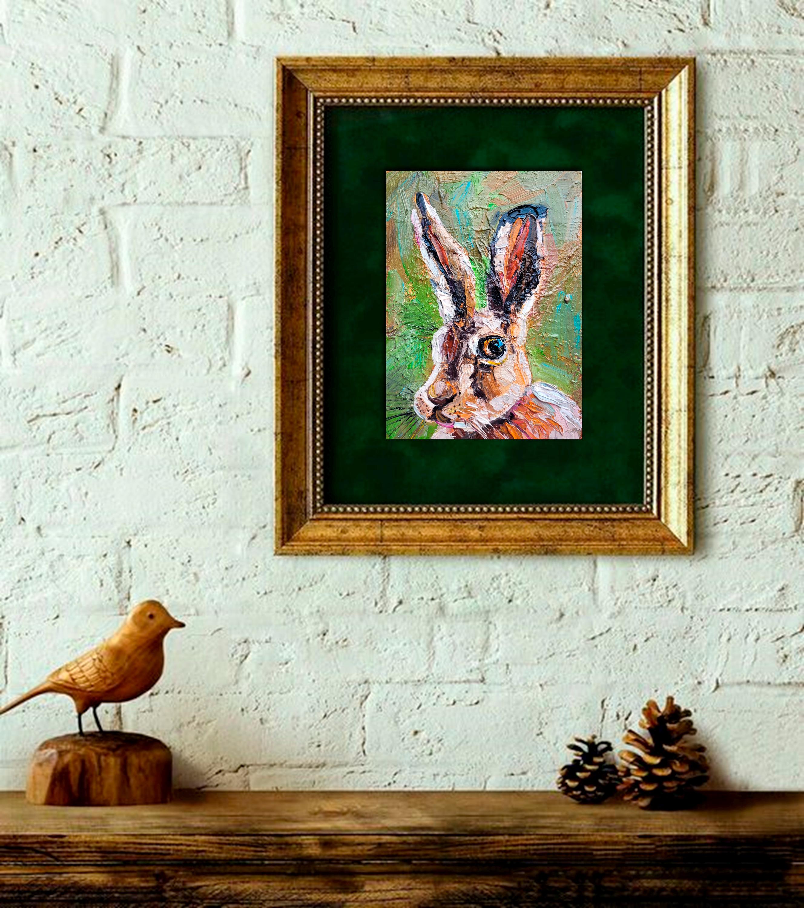 野ウサギの油絵 オリジナル 森の動物アート 5x7 ウサギ イースター
