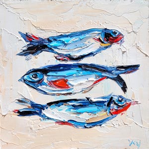 Sardine Painting Fish Painting Original Art Impasto Oil Painting Food Painting Kitchen Wall Art Animal Artwork Seafood Art Small Fine Art