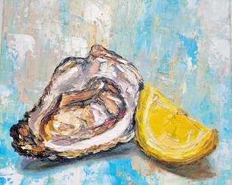 Pintura al óleo de ostra y limón, impasto, arte original, cocina costera, naturaleza muerta, casa de playa