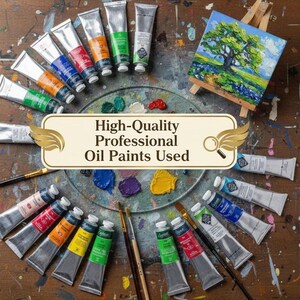 May include: A collection of professional oil paint tubes in various colors, arranged around a palette with mixed paint. A small painting on a wooden easel is also present. The text "High-Quality Professional Oil Paints Used" is displayed.