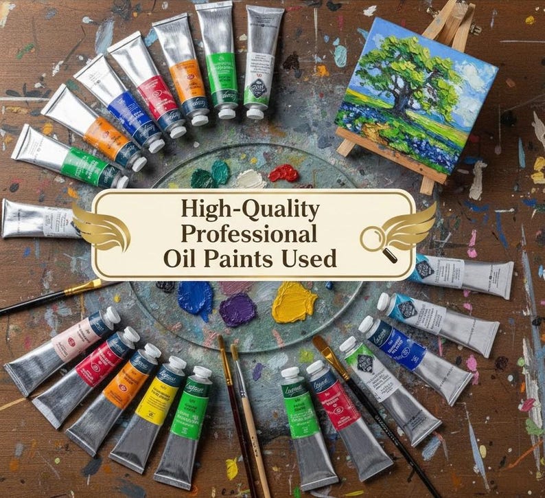 May include: A collection of professional oil paint tubes in various colors, arranged around a palette with mixed paint. A small painting on a wooden easel is also present. The text "High-Quality Professional Oil Paints Used" is displayed.