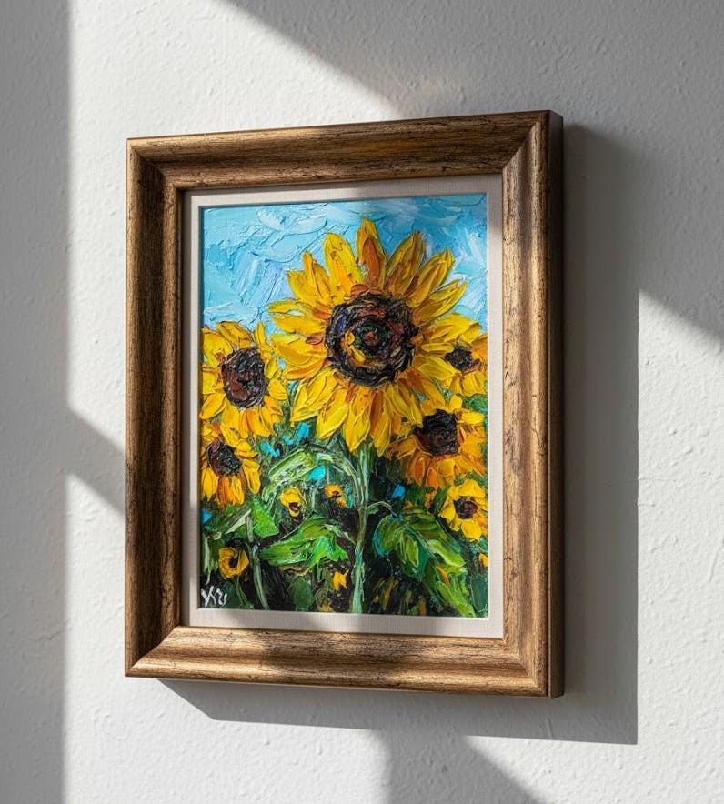 ひまわり油絵オリジナルアートテクスチャ花畑印象派アートワーク田舎の