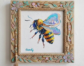 ミツバチの油絵、インパスト、オリジナルアート、昆虫アートワーク