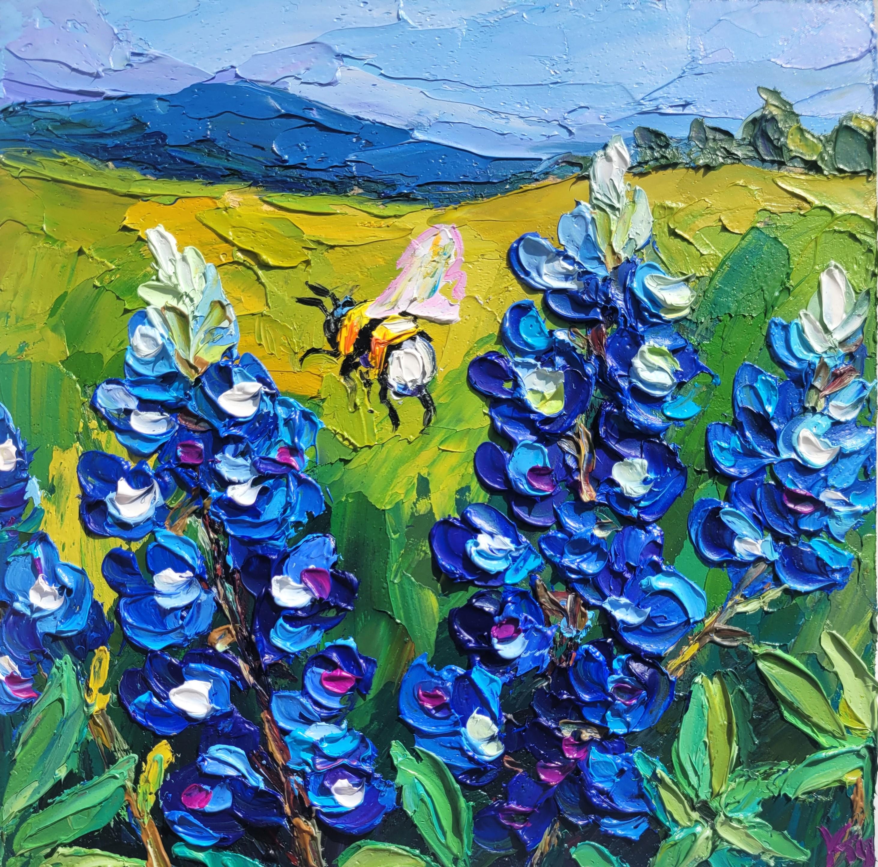 Texas Bluebonnet and Bumble Bee Oil Painting Impasto Original