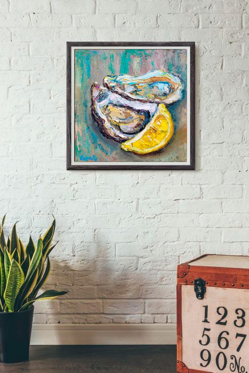 A painting of three oysters and a lemon wedge on a textured blue and green background. The oysters are arranged in a pile, with the lemon wedge resting on top. The painting is done in a loose, impressionistic style.