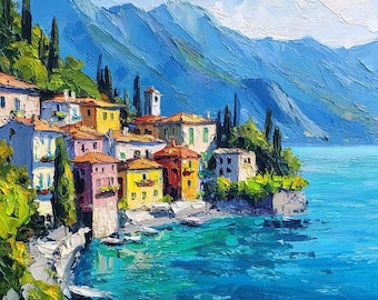 Varenna Lake Como Original Oil Painting Impasto Textured Wall Art Mediterranean Italy Village