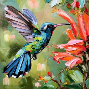 Puede incluir: Una pintura al óleo que muestra un colibrí con plumas azules y verdes iridiscentes en pleno vuelo. El ave está posicionada cerca de un grupo de flores tubulares de color naranja y rosa brillante. El fondo consiste en tonos verdes suaves.
