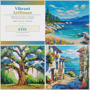 May include: A collage of three impasto oil paintings featuring a coastal landscape with blue water and mountains, a large oak tree with textured branches, and a Mediterranean-style building overlooking a bay with vibrant blue water and sky.