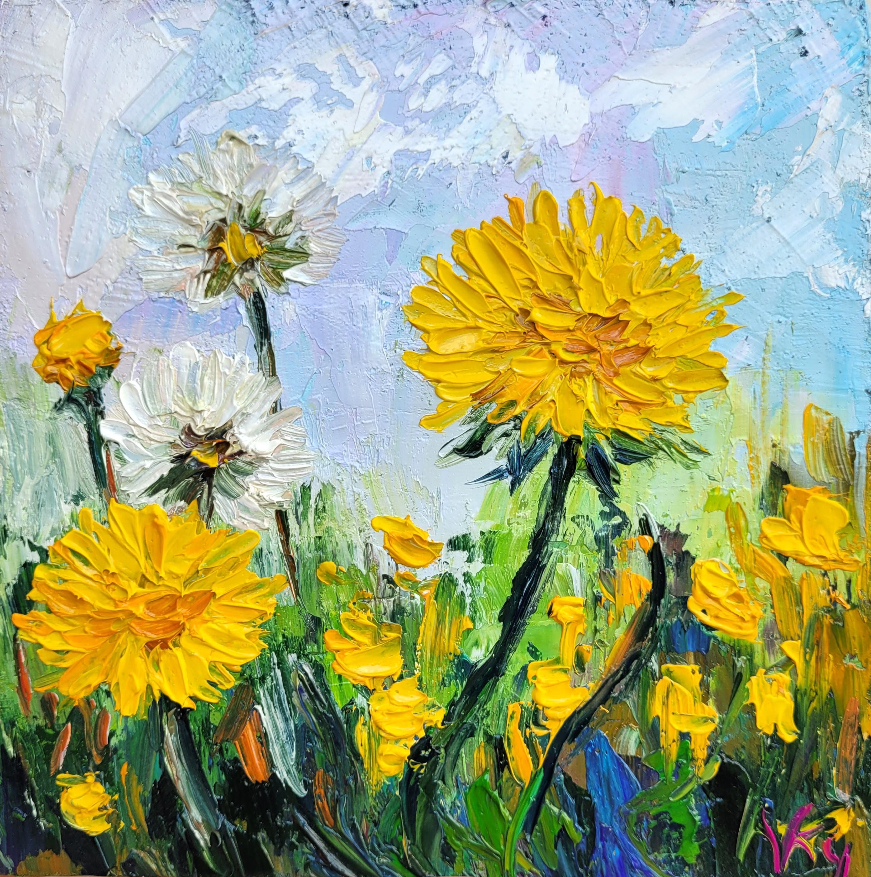 Dandelion Oil Painting Impasto Original Floral Art Small