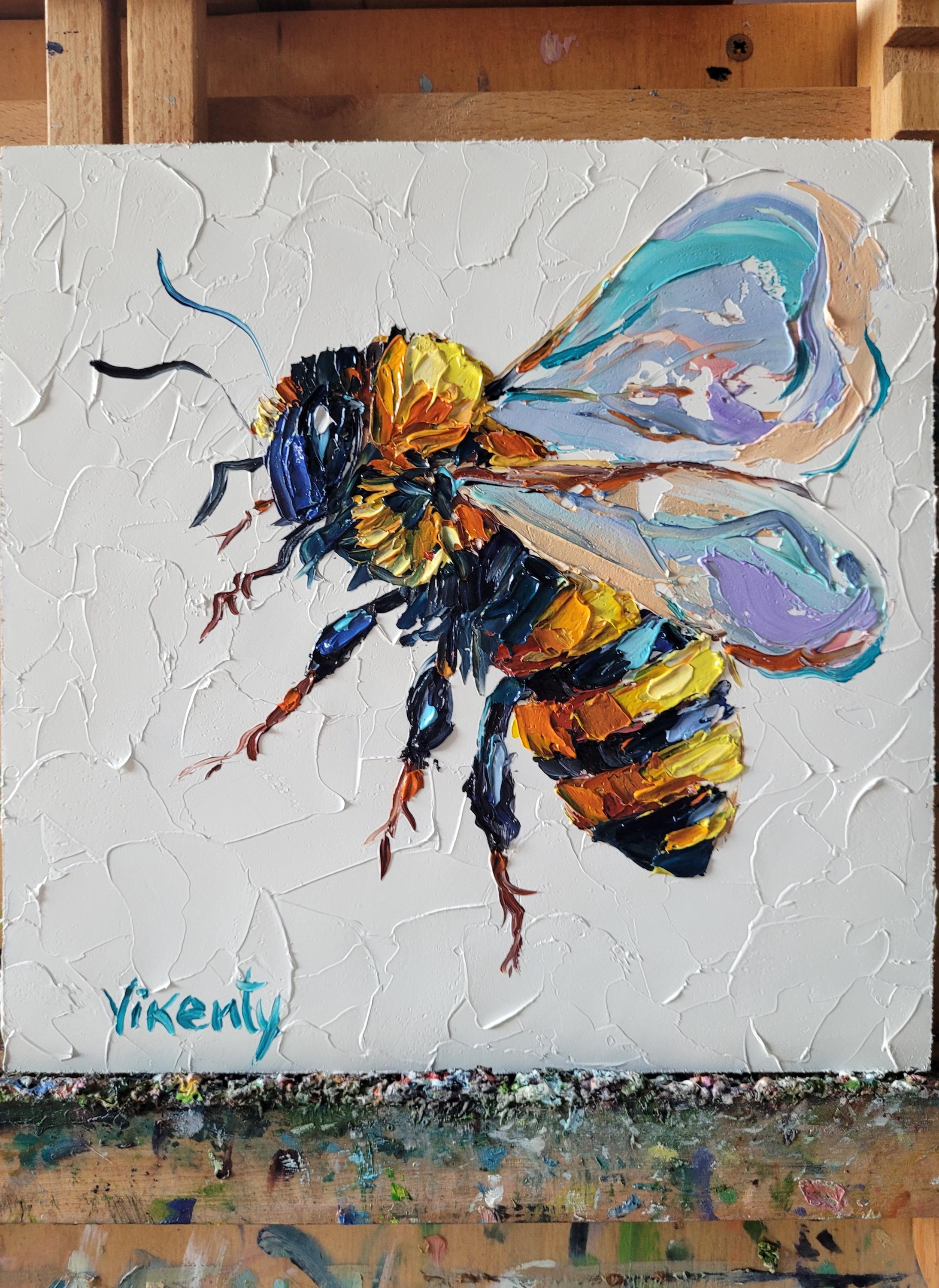 ミツバチの油絵：インパスト昆虫アート マルハナバチのオリジナル