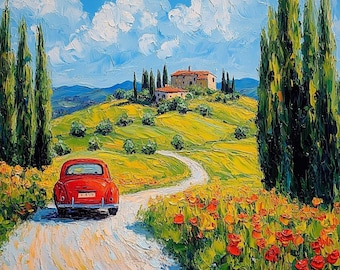 Toscana Val d'Orcia Italia Dipinto ad olio Opera d'arte originale Impasto Opera d'arte Auto rossa Cipresso