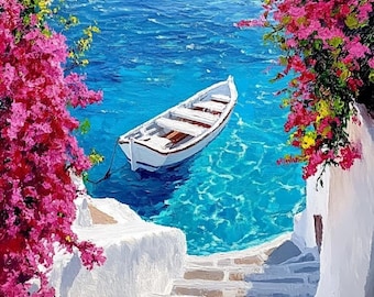 May include: An oil painting of a small white boat floating on vibrant blue water, framed by bright pink bougainvillea flowers on both sides. A set of white stone stairs leads down toward the water, with clear sunlight casting shadows.