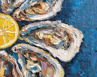 Oester schilderij citroen schilderij Impasto olieverfschilderij schelp originele kunst kustkunstwerk Oesterschelp muur kunst Franse keuken muur decor