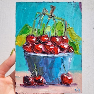 Cherry Painting Fruit Original Art Impasto Oil Painting Cherries Still Life Food Artwork Kitchen Wall Art Sour Cherry Art Impressionist