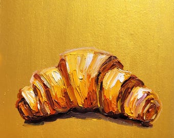 Croissant Painting Kitchen Wall Art Original Impasto Oil Painting 6x6 Breakfast Wall Art Dessert Painting Food Art French Croissant Artwork